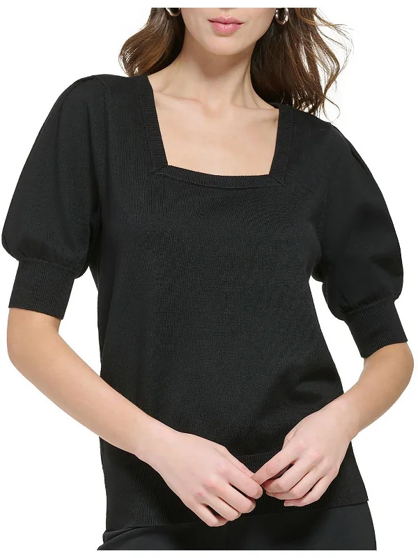 Graceful Movement Womens Ribbed Trim Square Neck Pullover Sweater