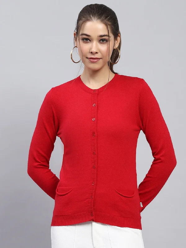 Wardrobe Update Women Red Solid Round Neck Full Sleeve Cardigan