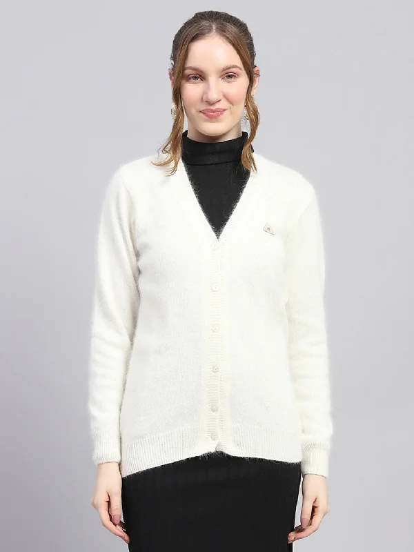 Fashion Sale Women Off White Solid V Neck Full Sleeve Cardigan