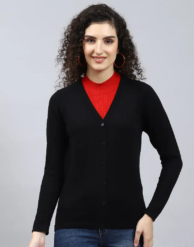 Big Savings On Rustic Countryside Styles Women Black Solid V Neck Full Sleeve Cardigan