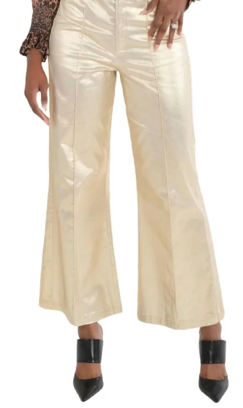 Trendy Threads Ruffle Flare Pant In Metallic Gold Cotton