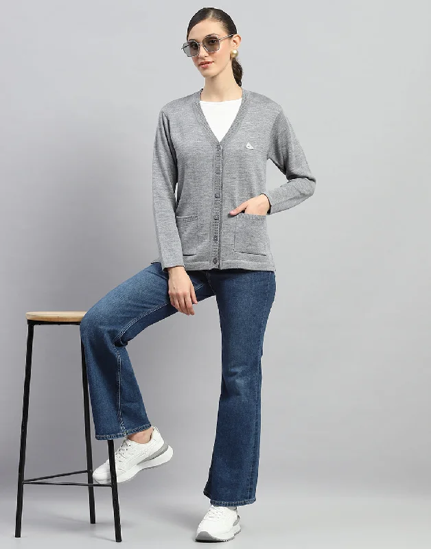 Must-Have Styles Women Grey Solid V Neck Full Sleeve Cardigan