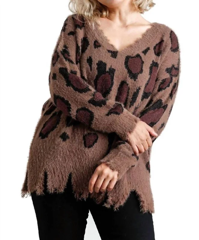 Trendsetting Threads Fuzzy Leopard Sweater In Mocha