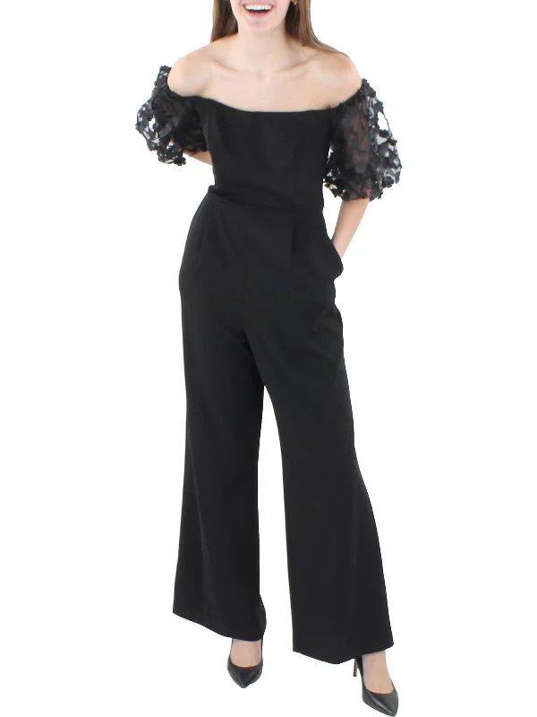 Chic Style, Always In Vogue Petites Womens Floral Applique Off-The-Shoulder Jumpsuit