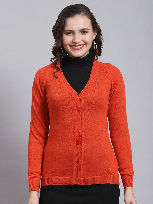 Seasonal Sale Women Red Solid V Neck Full Sleeve Cardigan