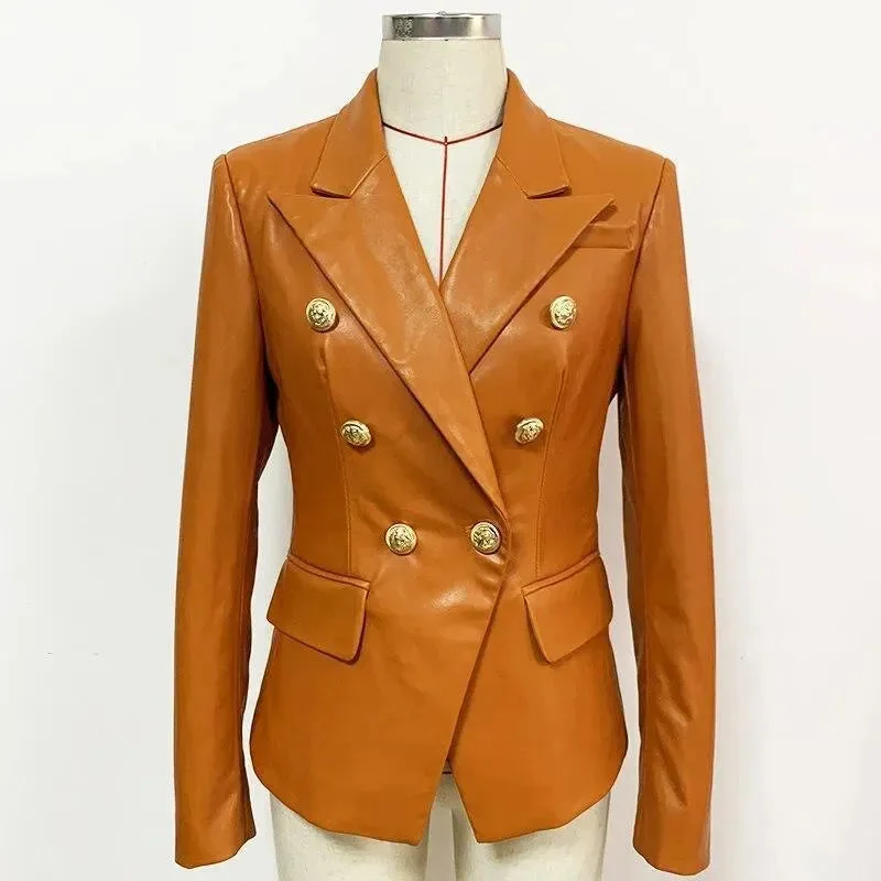 Must-Have Styles Orange Leather Blazer Women - Formal-Business - Plain-Solid