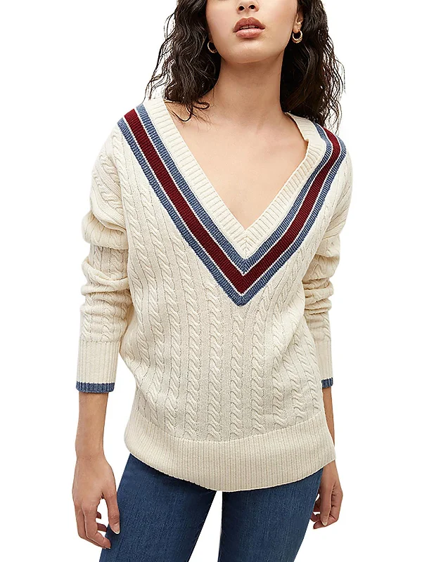 Effortless Comfort Womens Cable-Knit Ribbed Trim V-Neck Sweater