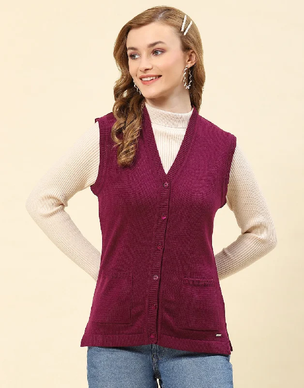 Fashion Forward Women Maroon Solid V Neck Sleeveless Cardigan