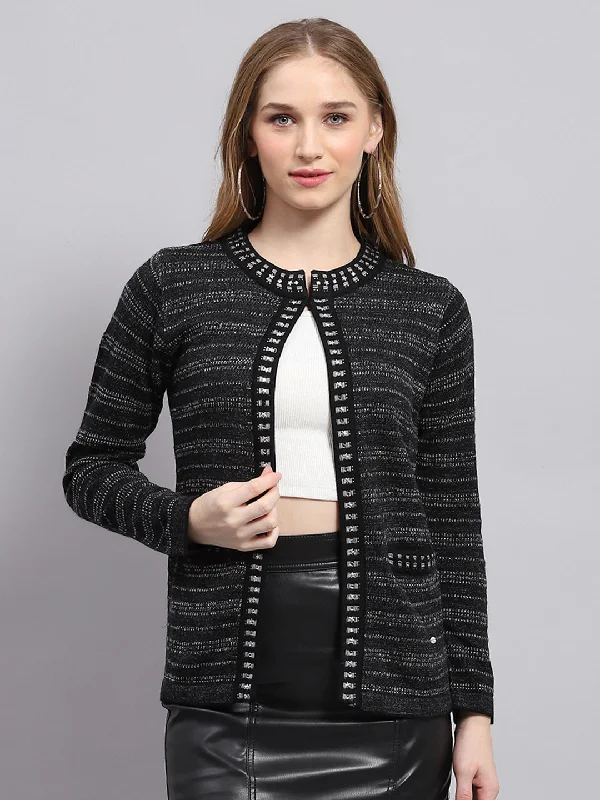 Chic Casual Style Women Black Self Design Round Neck Full Sleeve Cardigan