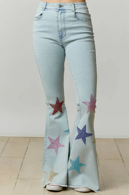 Enjoy Discount Rhinestone Starry Flare Pants In Medium Washed Blue