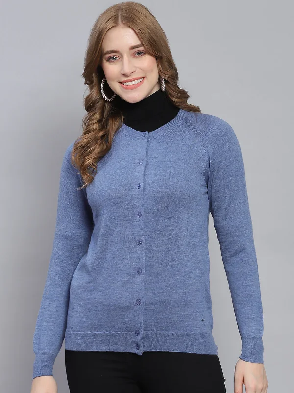 Exclusive Sale Women Blue Solid Round Neck Full Sleeve Cardigan