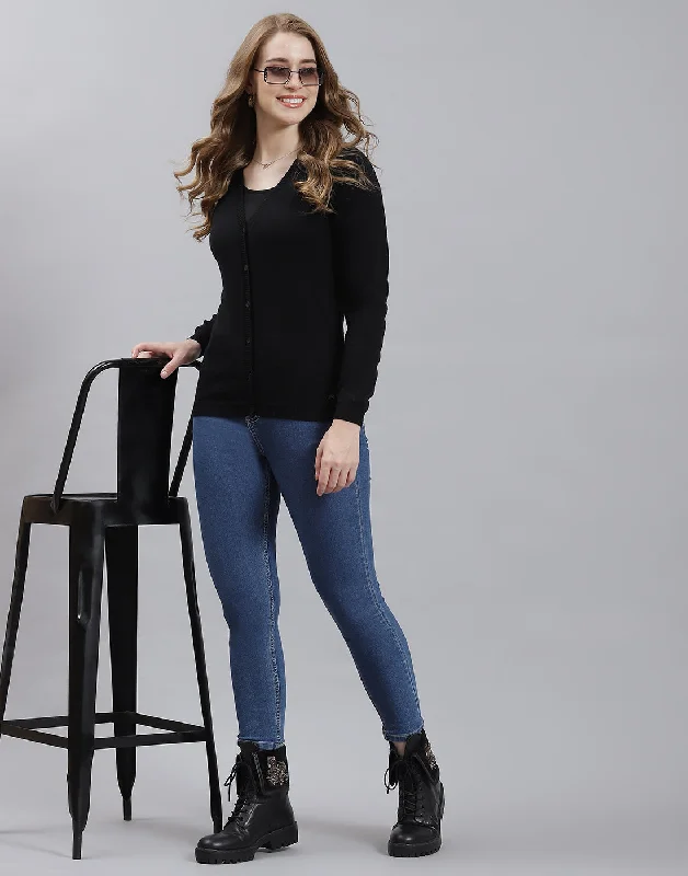 Weekend Special Women Black Solid V Neck Full Sleeve Cardigan