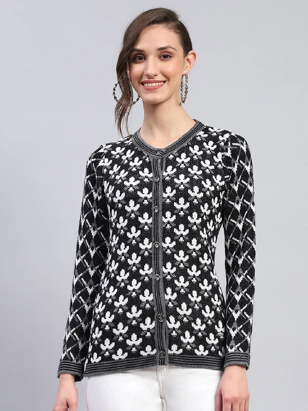 Flash Sale Event Women Black & White Self Design Round Neck Full Sleeve Cardigan