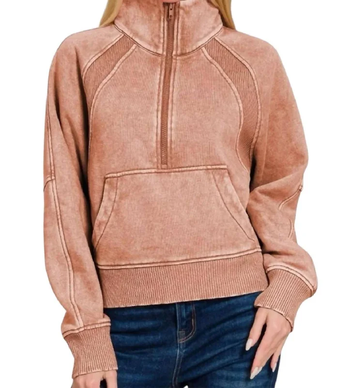 Season Offer Alice Half Zip Fleece Pullover Sweater In Rust