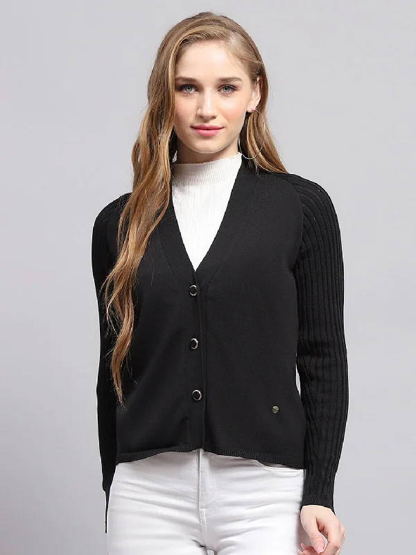 Modern Casual Clothing Women Black Solid V Neck Full Sleeve Cardigan