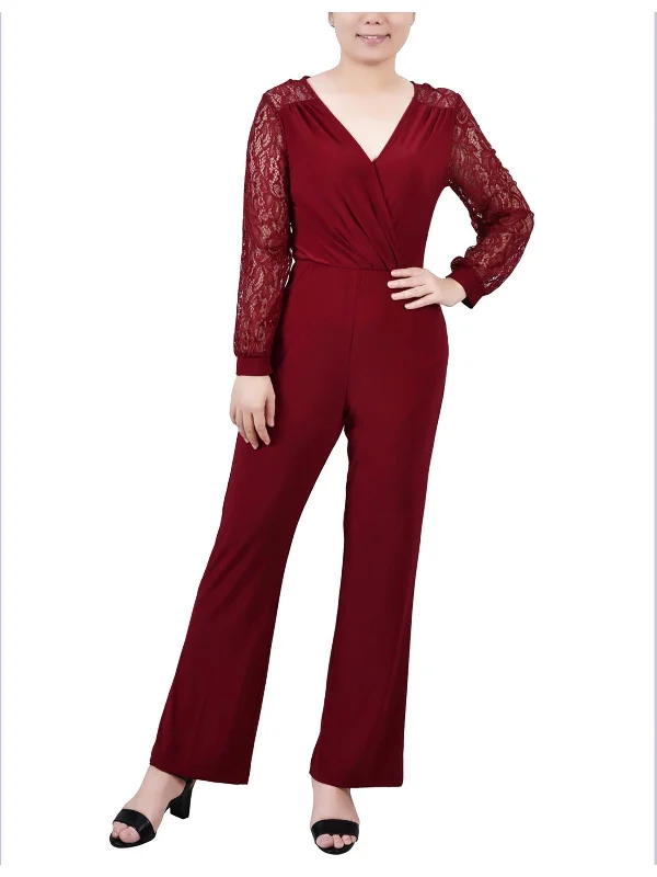 Casual Chic Petites Womens Surplice Lace Trim Jumpsuit