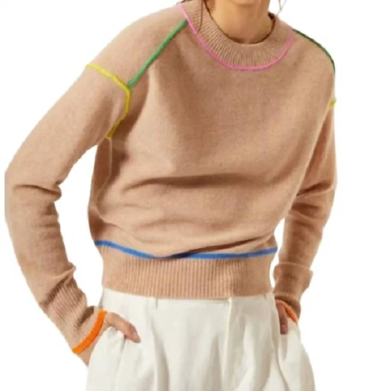 Don't Miss Out Crew With Multi Color Seams Top In Cappuccino Brights