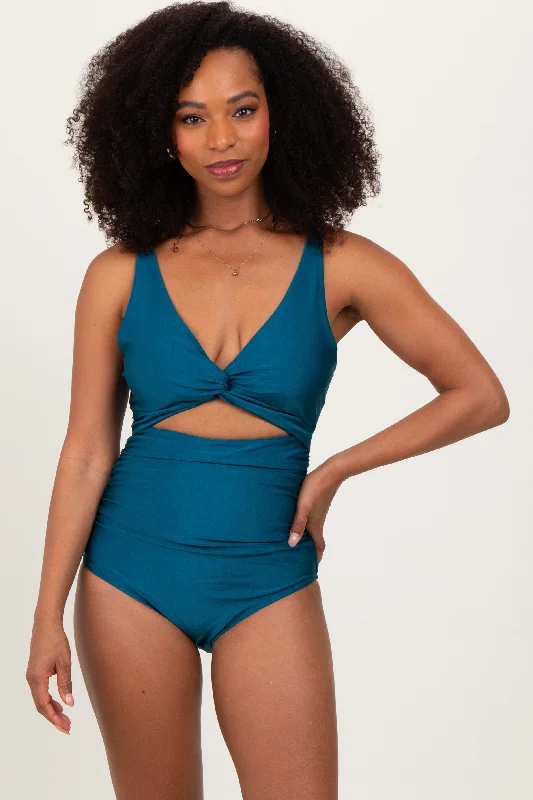 Fresh Styles, Fresh Deals Teal Ruched Sides Front Cutout One Piece Swimsuit