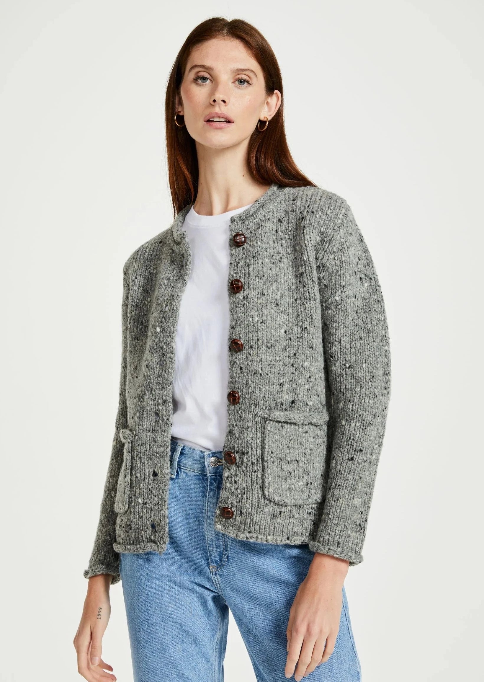 Art Deco Geometric Pattern Look Ladies Donegal Wool Cardigan | Grey