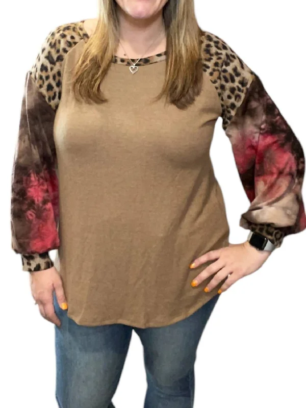 Huge Discounts This Week Leopard Tie Dye Puff Sweater In Brown