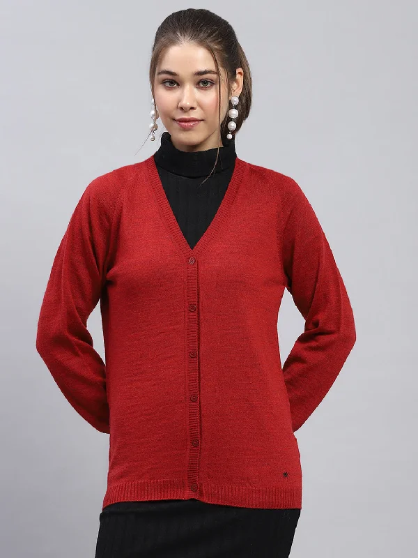 Unleash Your Style Women Maroon Solid V Neck Full Sleeve Cardigan