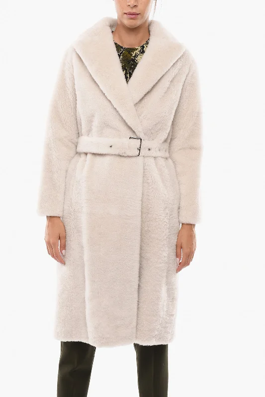 Chic Trend Collection Brunello Cucinelli Double-breasted Fur Coat with Belt and Hidden Buttons