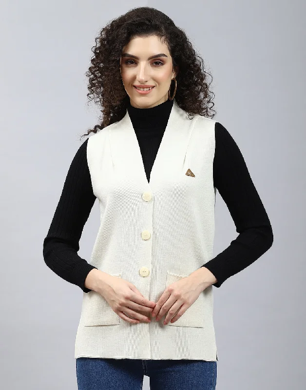 Exclusive Discount Women Off White Solid V Neck Sleeveless Cardigan