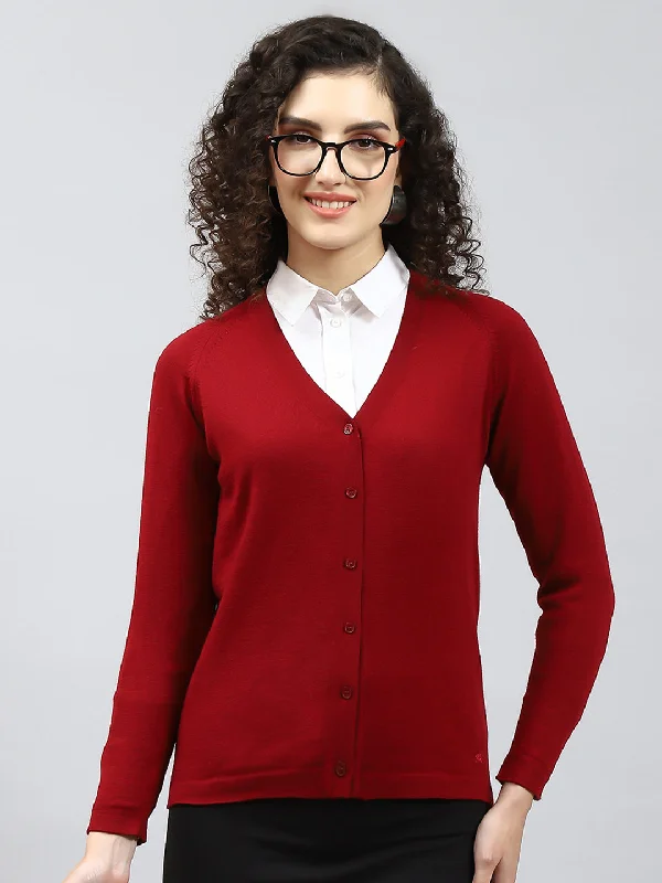 Cool Prices Women Maroon Solid V Neck Full Sleeve Cardigan