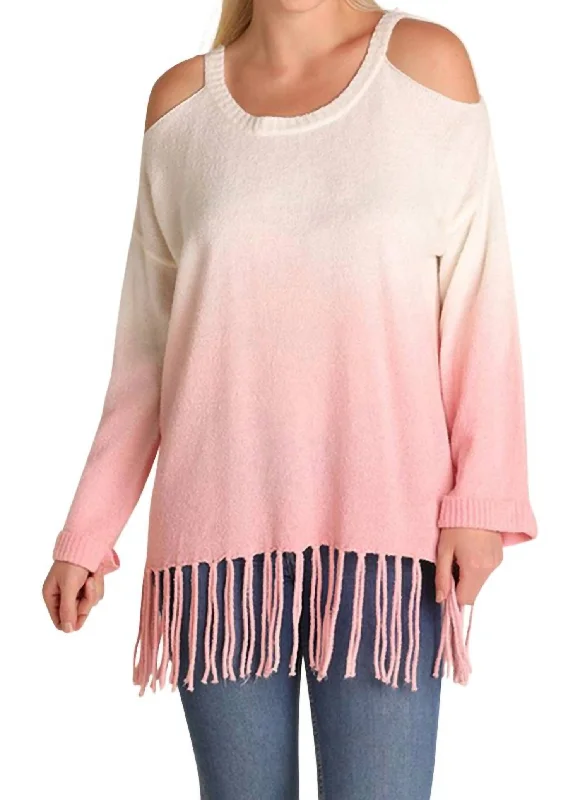 Trendy Aesthetics Ombre Cold Shoulder Fringe Sweater - Plus In Rose