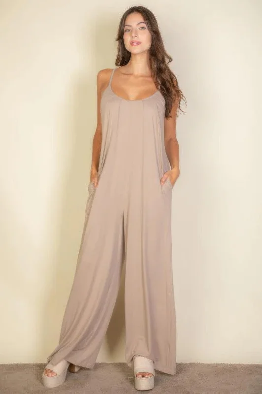 Save Big Spaghetti Strap Solid Wide Jumpsuit