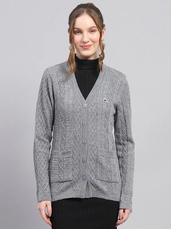 Holiday Glam Women Grey Self Design V Neck Full Sleeve Cardigan