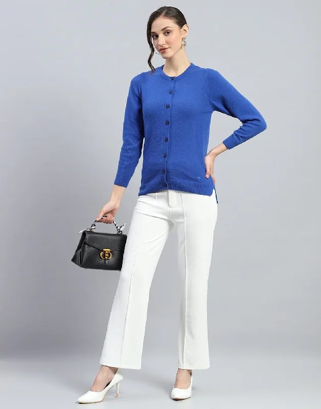 Early Access To Art Deco Styles Sale Women Blue Solid Round Neck Full Sleeve Cardigan