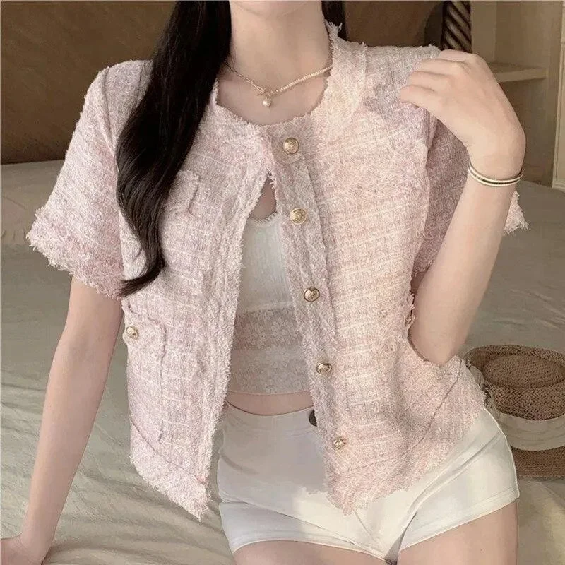 Elegant Simplicity Wardrobe Cute Plaid Tweed Jacket Women