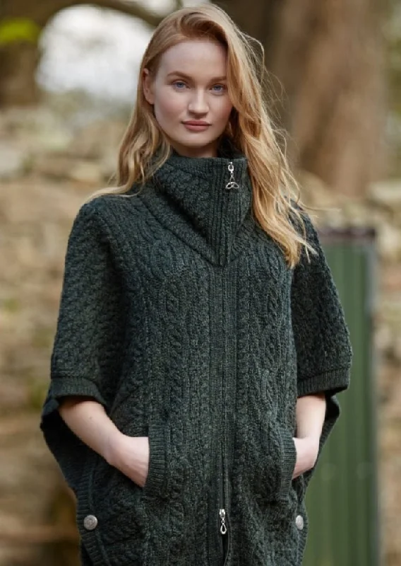 Casual Wear Aran Crafts Funnel Neck Cardigan | Green