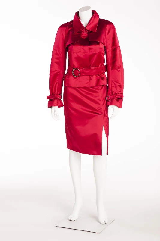 Trend Forward Threads For Her Celine - 2PC Red Satin Blazer with Belt and Skirt - FR 38