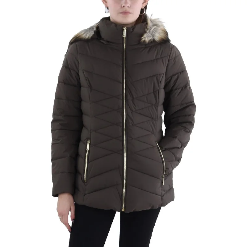 Elegant Style Womens Faux Fur Trim Hooded Puffer Jacket