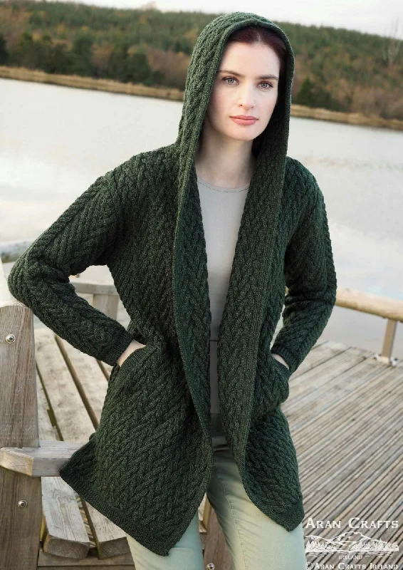 Evening Looks Shawl Hooded Aran Cardigan | Green