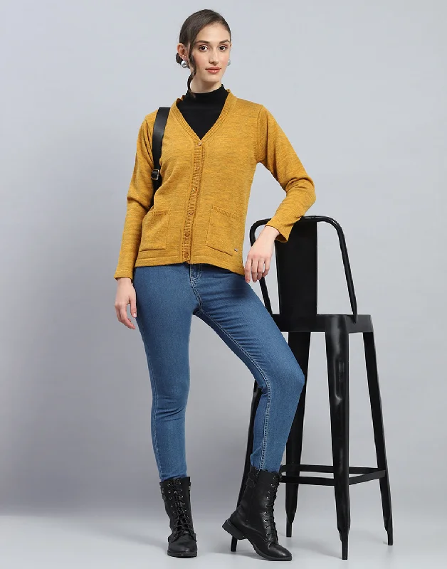 Now On Sale For Chic Urban Styles Women Mustard Solid V Neck Full Sleeve Cardigan