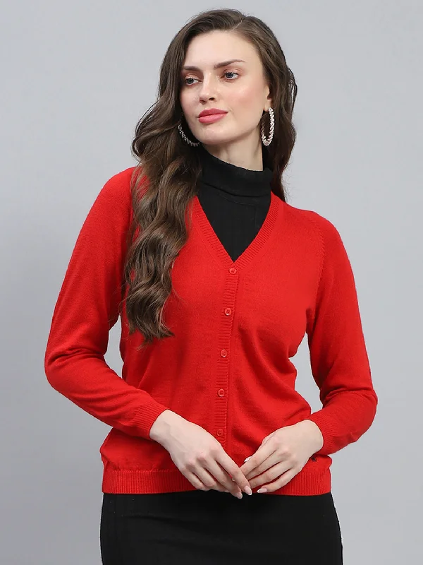 Save Big Women Red Solid V Neck Full Sleeve Cardigan