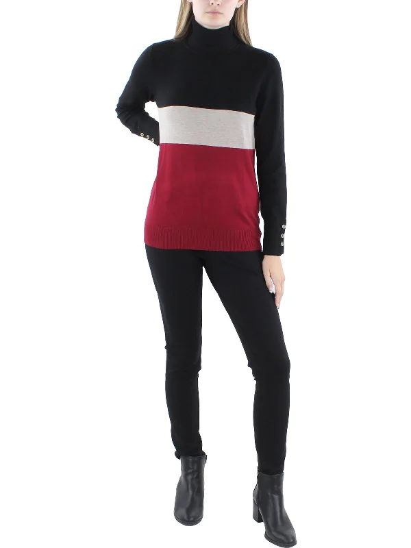 Contemporary Elegance Womens Ribbed Trim Colorblock Turtleneck Sweater