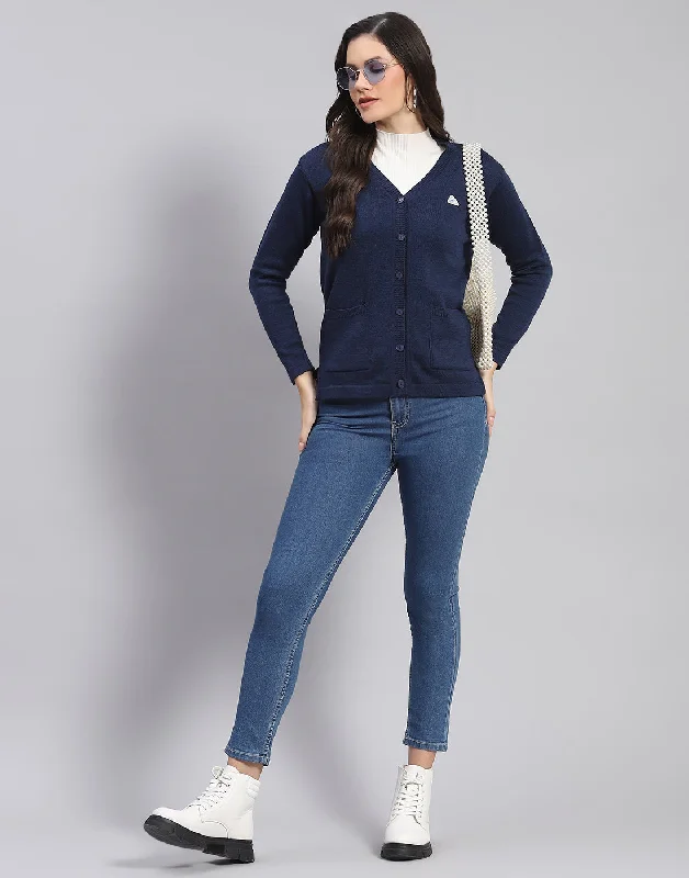 Classic Charm Women Navy Blue Solid V Neck Full Sleeve Cardigan