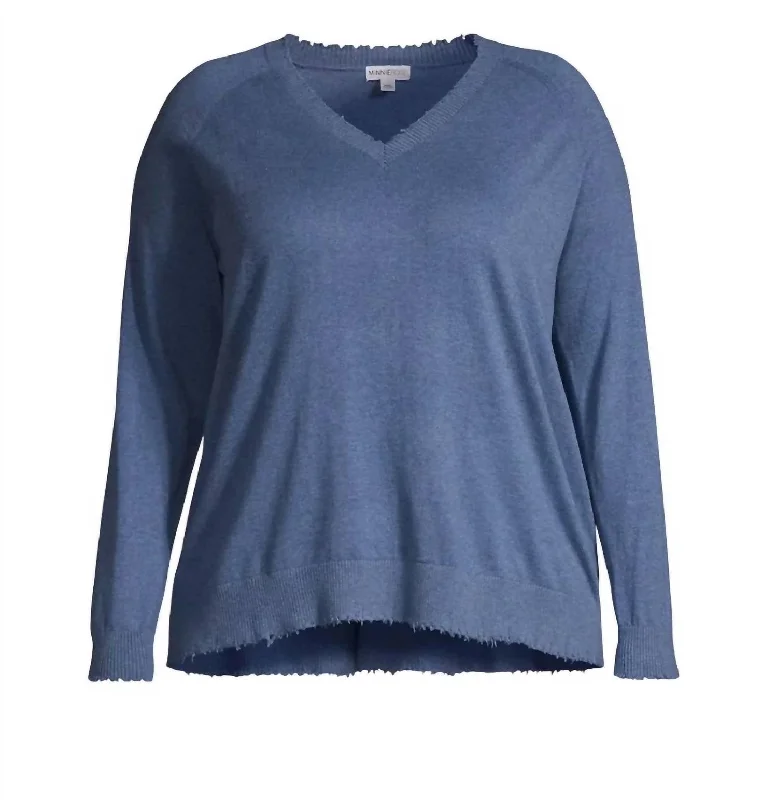 New Styles Just In Women's Frayed Edge V Sweater In Harbor Blue