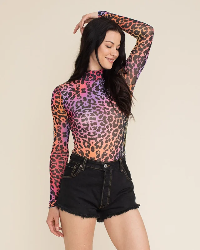 Unleash Your Trend Driven Style Women's Colorful Mesh Bodysuit | Sunset Leopard