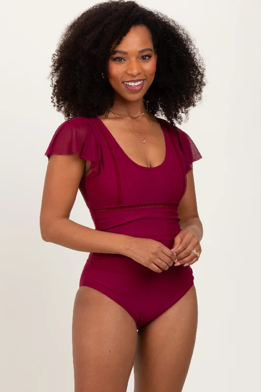 Comfort Meets Fashion Burgundy Crochet Detail Ruched One Piece Swimsuit