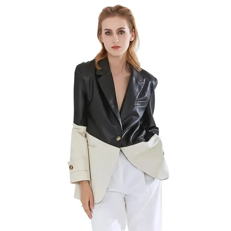 Chic And Comfortable Patchwork PU Leather Blazer Women - Casual - Patchwork