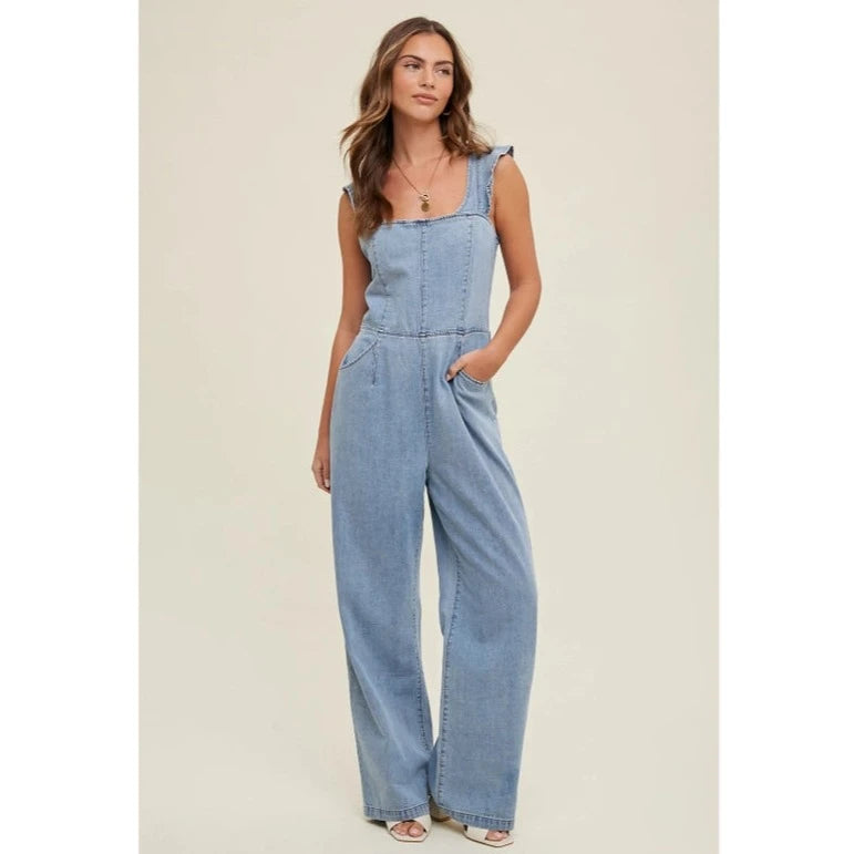 Innovate Your Wardrobe Women's Ruffle Open Back Denim Jumpsuit in Light Wash