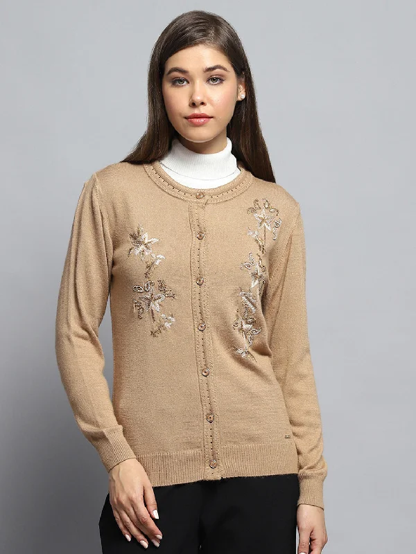 Get The Latest Trends Women Brown Self Design Round Neck Full Sleeve Cardigan