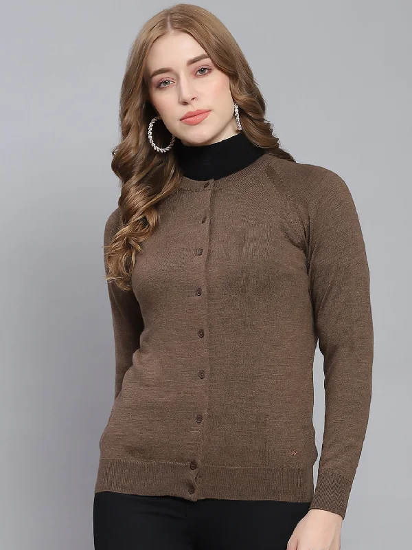 Trend Alert Women Brown Solid Round Neck Full Sleeve Cardigan