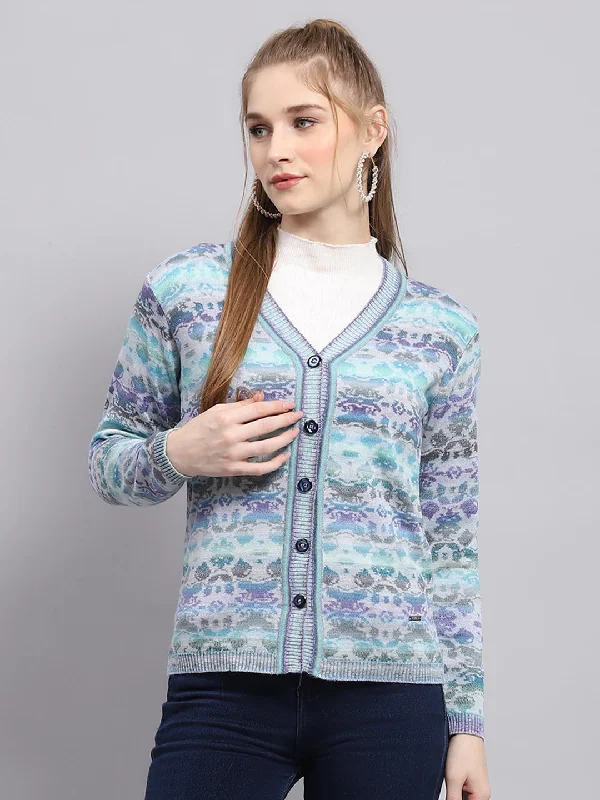 Versatile Outfits Women Blue Self Design V Neck Full Sleeve Cardigan