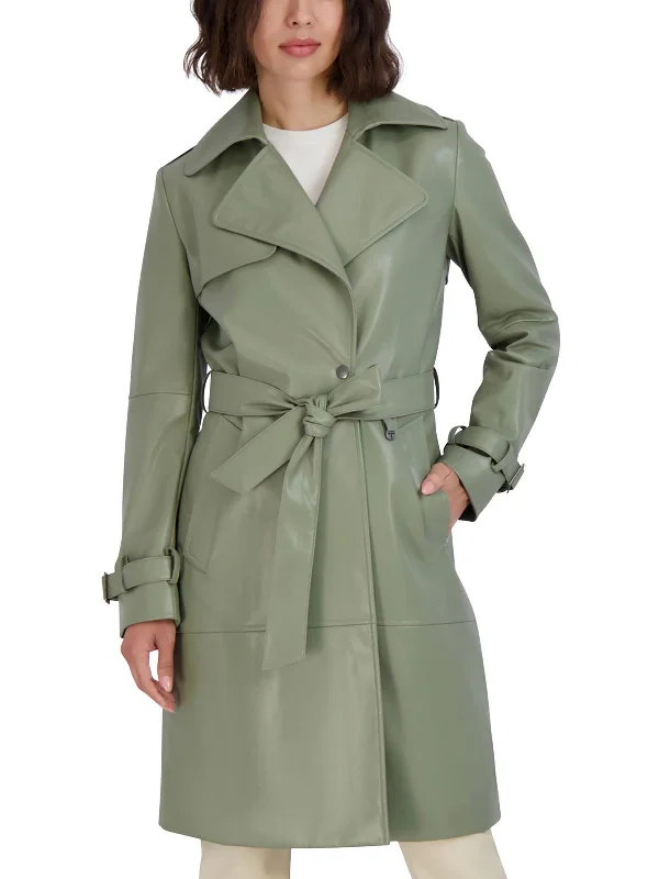 Bold Fashion Womens Vegan Leather Belted Trench Coat